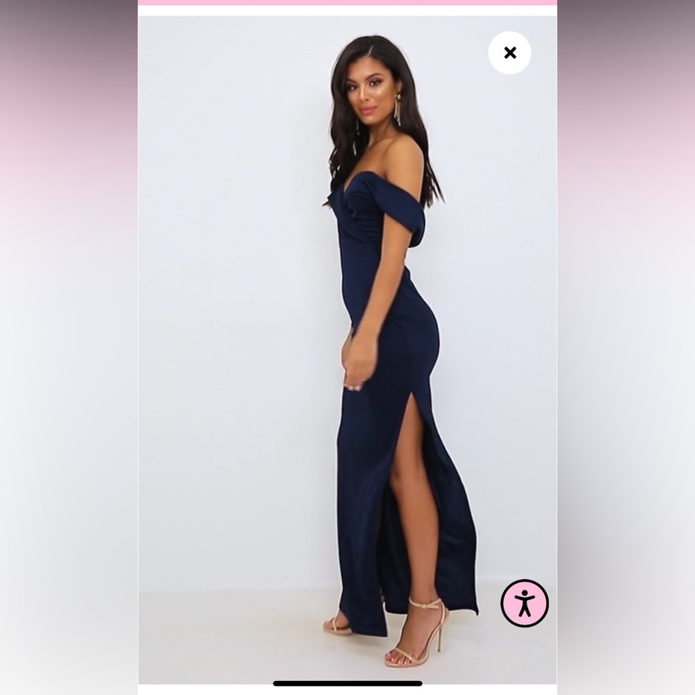 Navy Bardot Fold Detail Extreme Split Maxi Dress